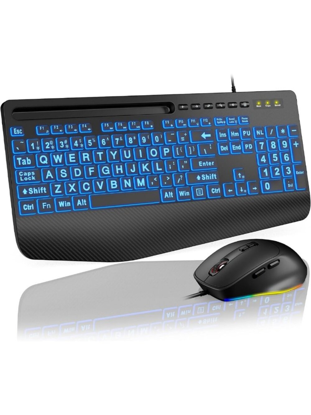 Large Print Backlit Keyboard & Mouse Combo with Ergonomic Palm Rest - Wired